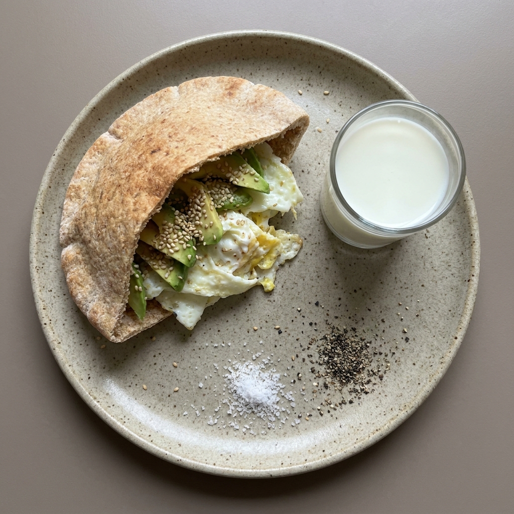 Pan árabe de claras de huevo con ajonjolí y leche aparte