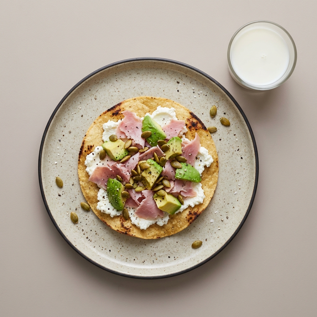 Tostada de requesón con pepitas y leche semidescremada aparte
