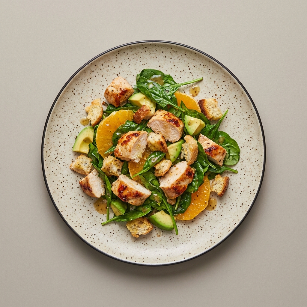 Ensalada de pollo con espinaca, aguacate y croutones, con naranja y vinagreta