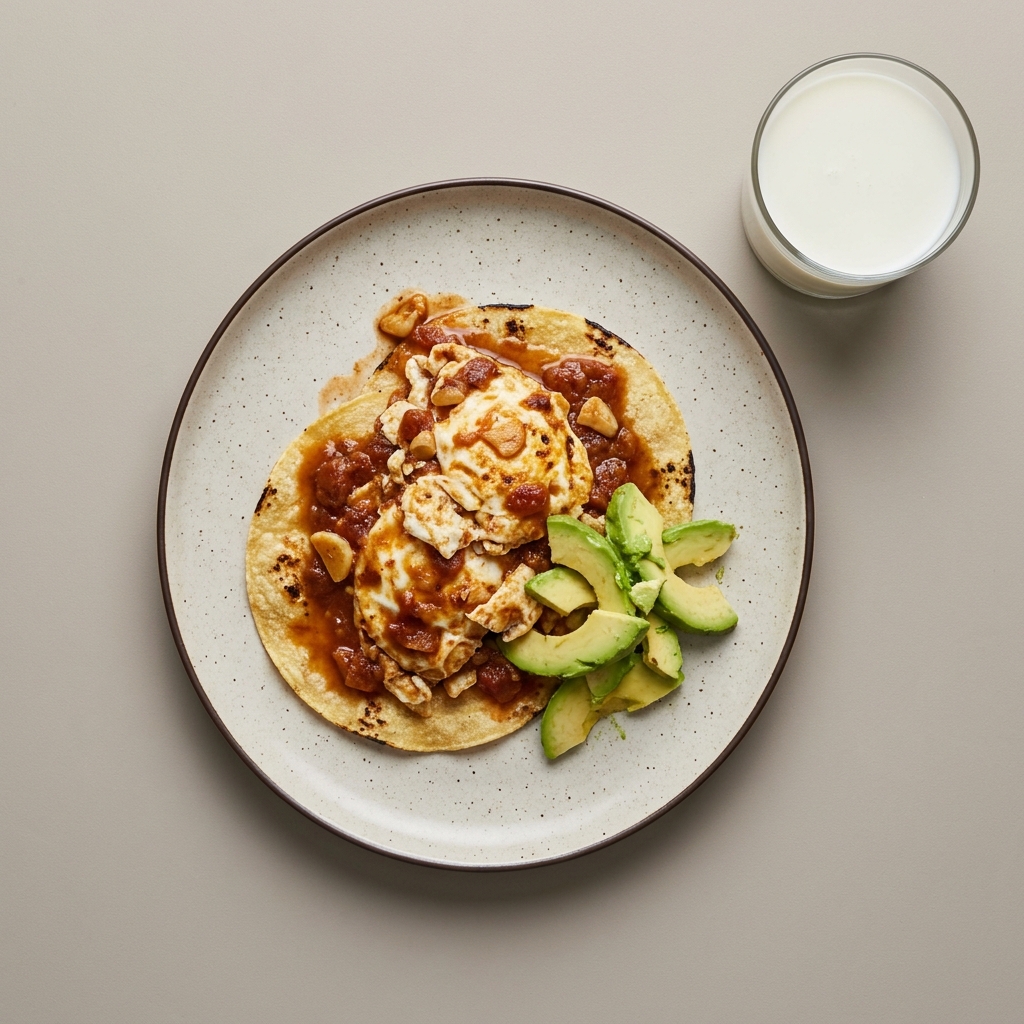 Huevos rancheros de clara en salsa de jitomate con aguacate y tortilla,  acompaña con vaso de leche