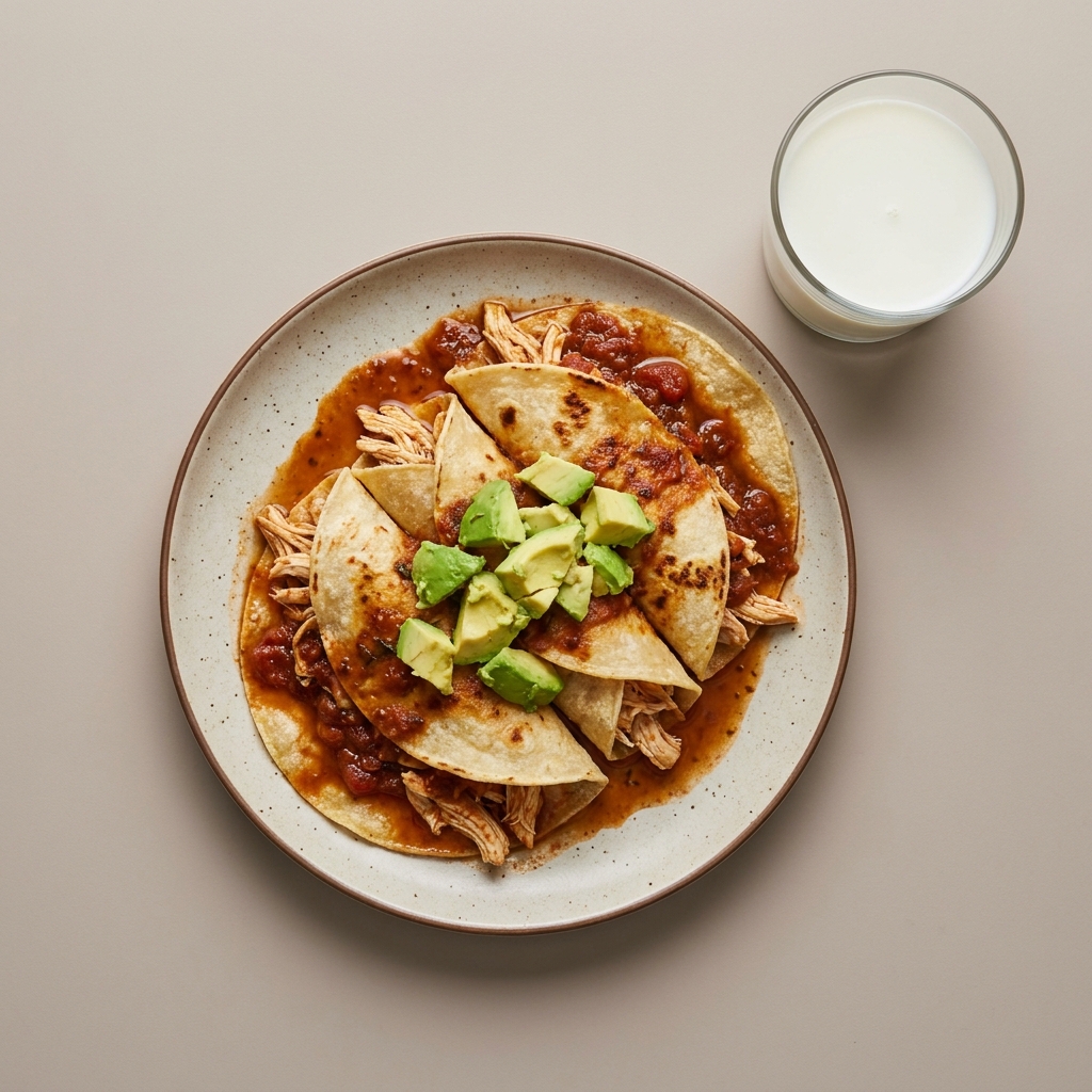 Entomatadas de pollo con aguacate, acompañado con vaso de leche
