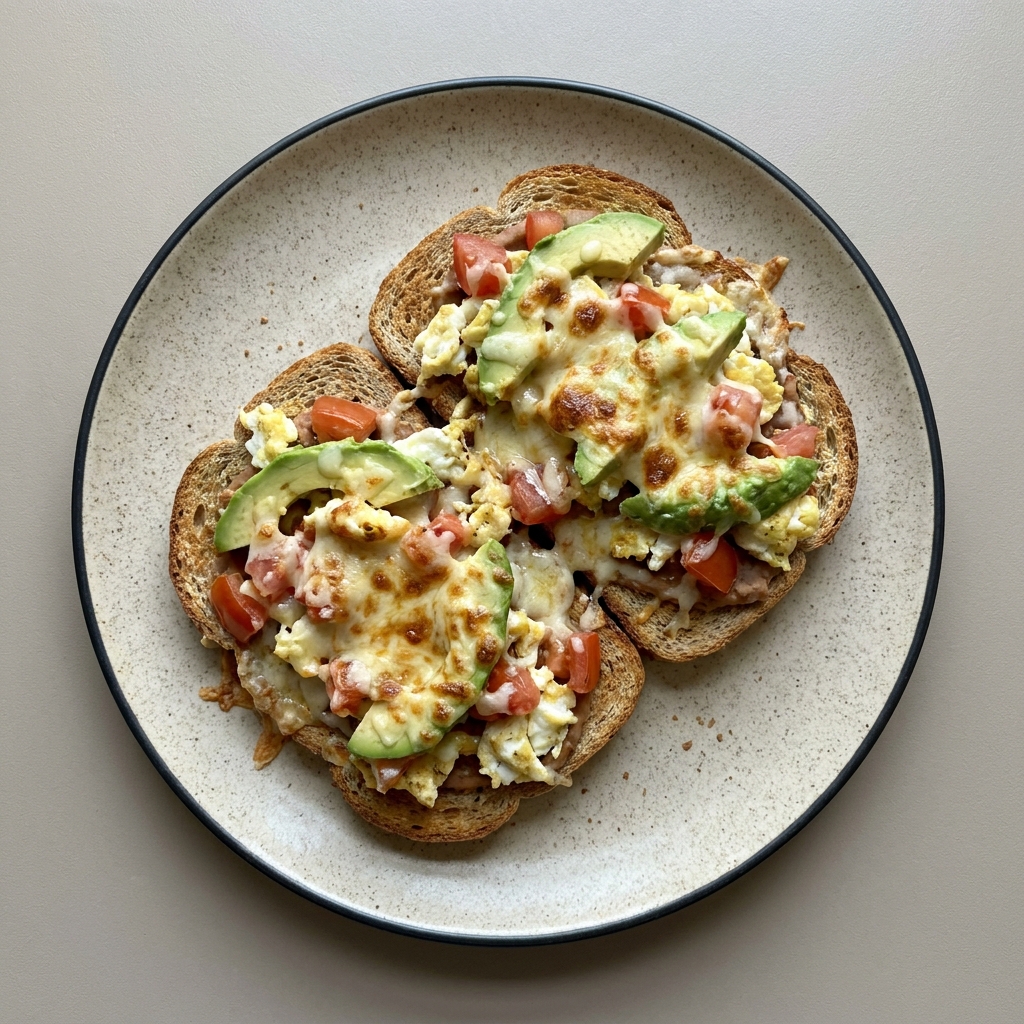 Molletes gratinados con claras, jitomate y aguacate