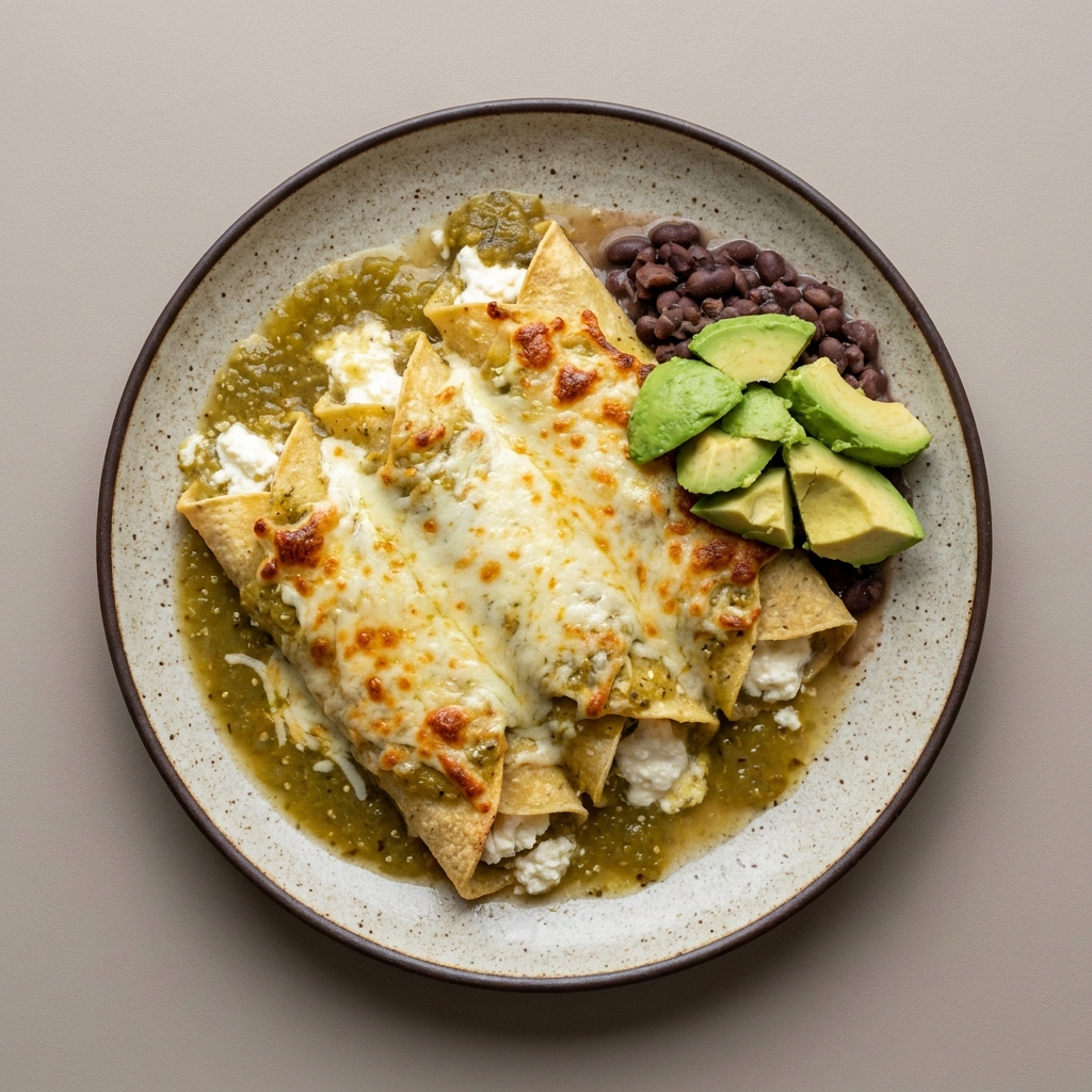 Enchiladas suizas de requesón, con frijol y aguacate