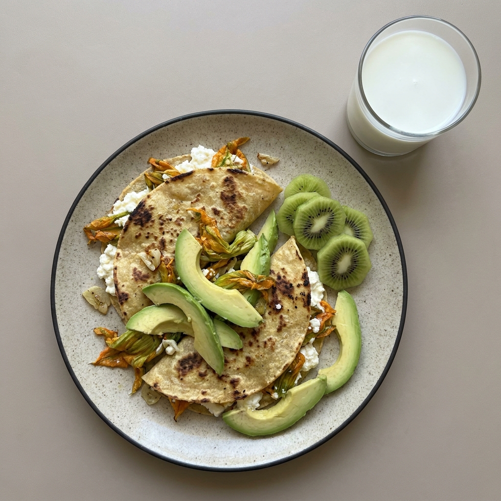 Quesadillas de requesón con flor de calabaza y aguacate, con kiwi y vaso de leche