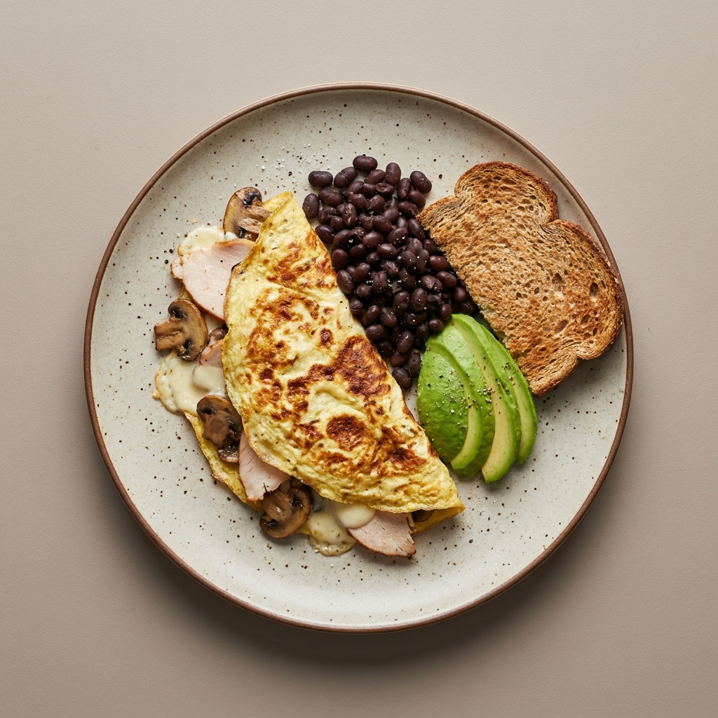 Omelette de panela y pavo con champiñón, acompañado de frijol, aguacate y pan