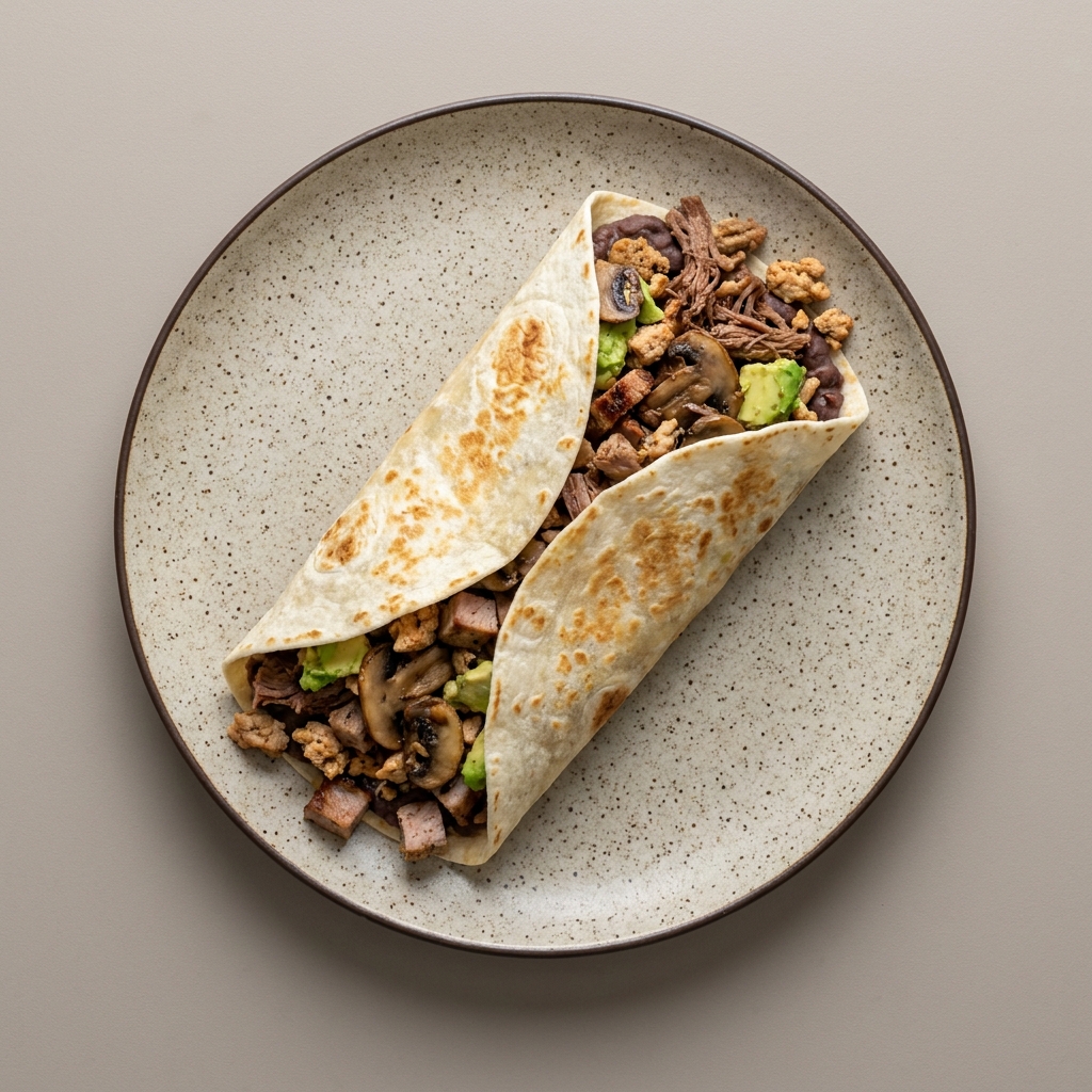 Burrito de res con verduras, frijol y aguacate