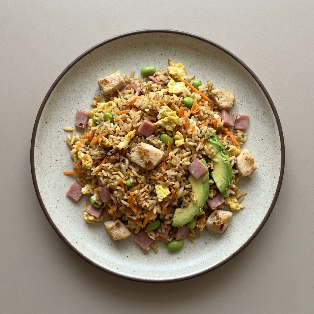 Arroz frito con jamón, huevo y pollo, con zanahoria, edamame y aguacate
