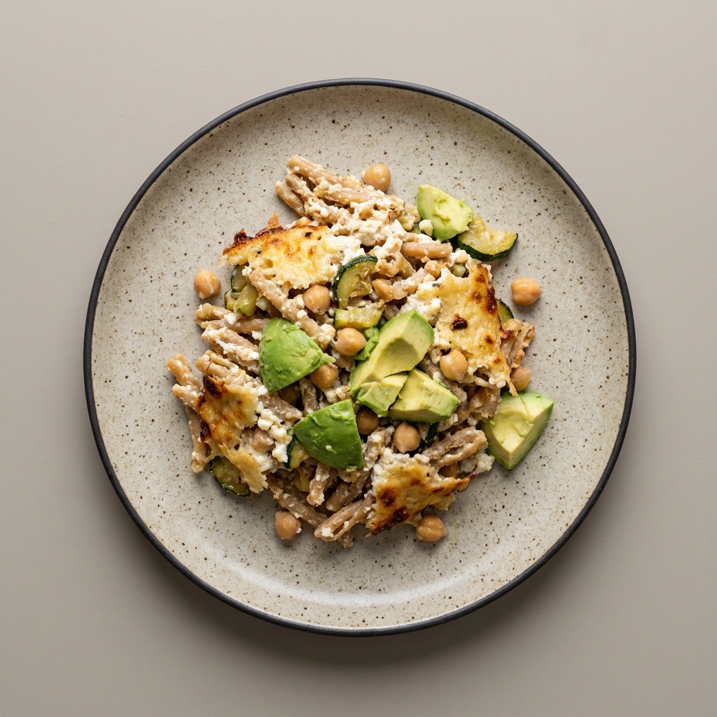 Pasta al horno con ricotta, parmesano y cottage, con calabacita, garbanzo y aguacate