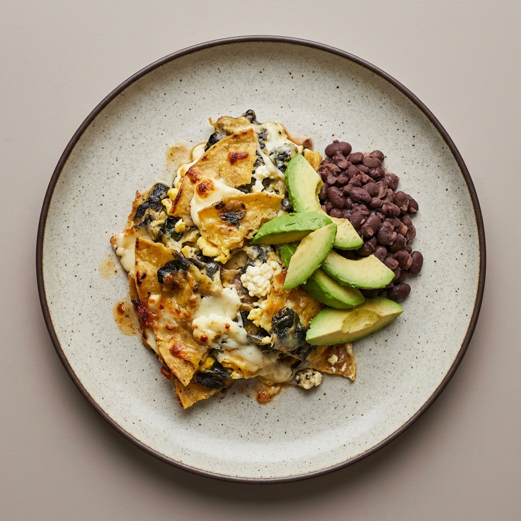 Budín azteca de queso fresco, huevo y requesón con huitlacoche, frijol y aguacate