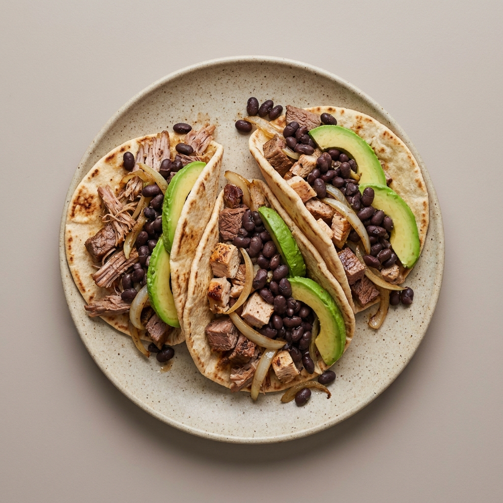 Tacos árabes de cerdo, res y pavo con cebolla, frijol y aguacate, en pan pita