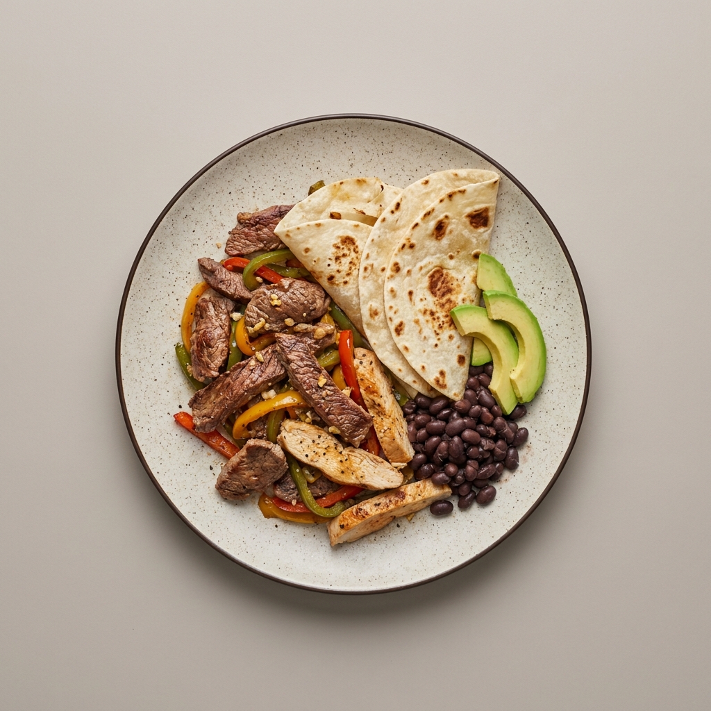 Fajitas mixtas con pimiento, frijol y aguacate, con tortilla de harina