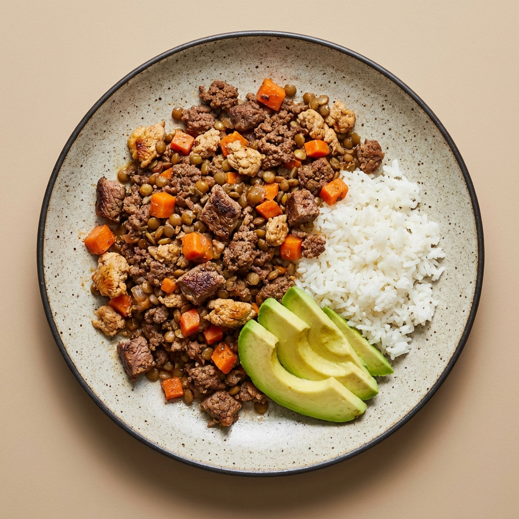 Picadillo de res, con lenteja, aguacate y arroz