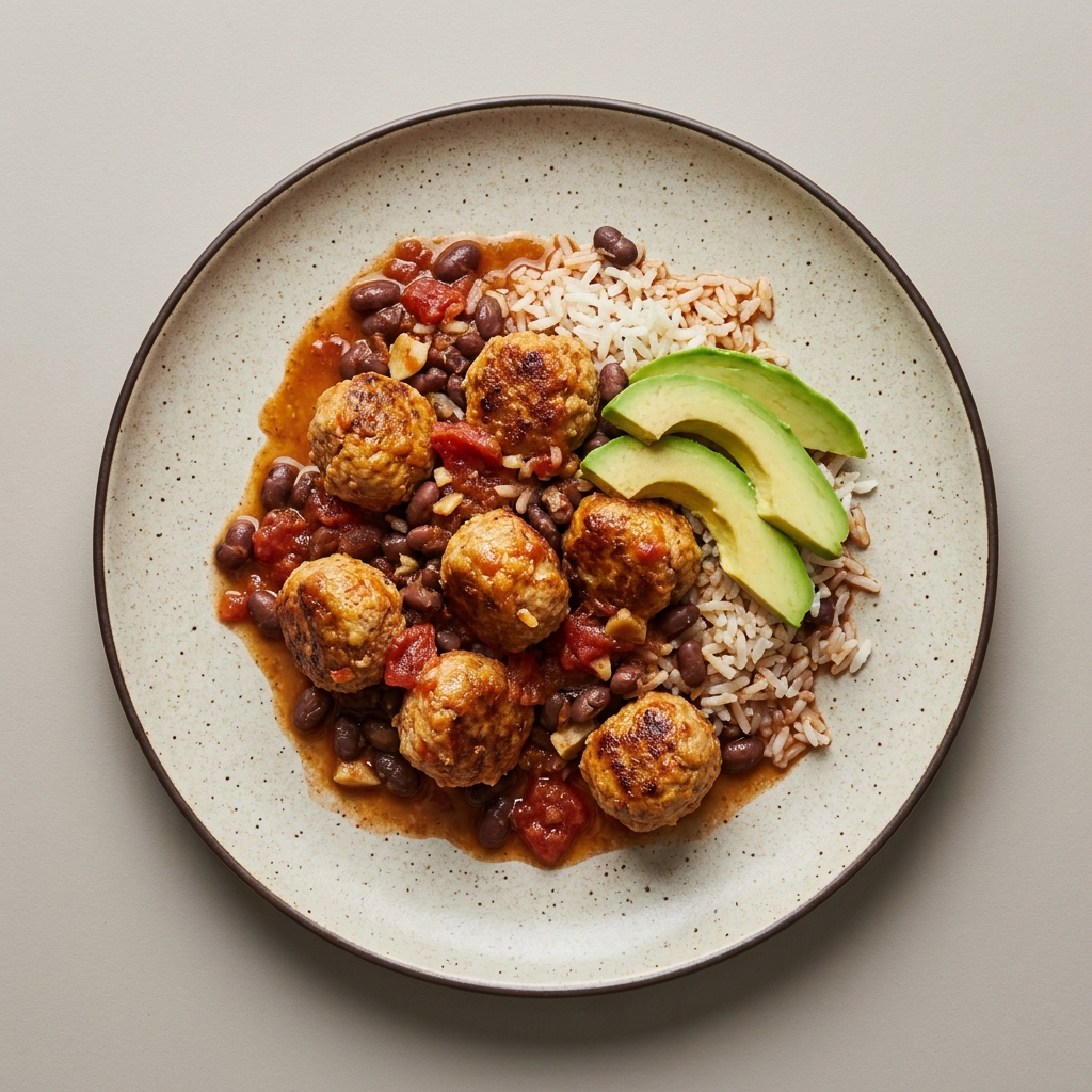 Albóndigas de res y pavo con frijol, aguacate y arroz