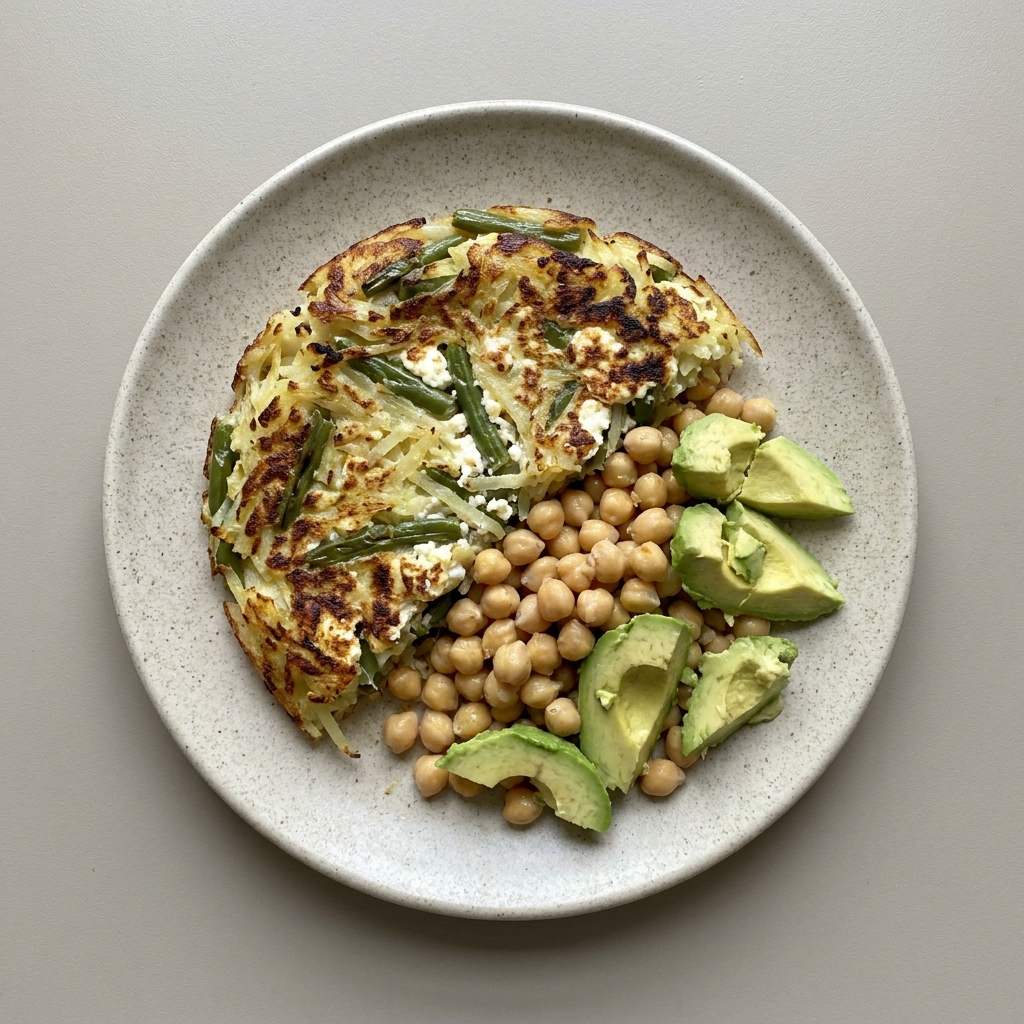 Tortilla española de ejotes con queso fresco y cottage, acompañada de garbanzo y aguacate