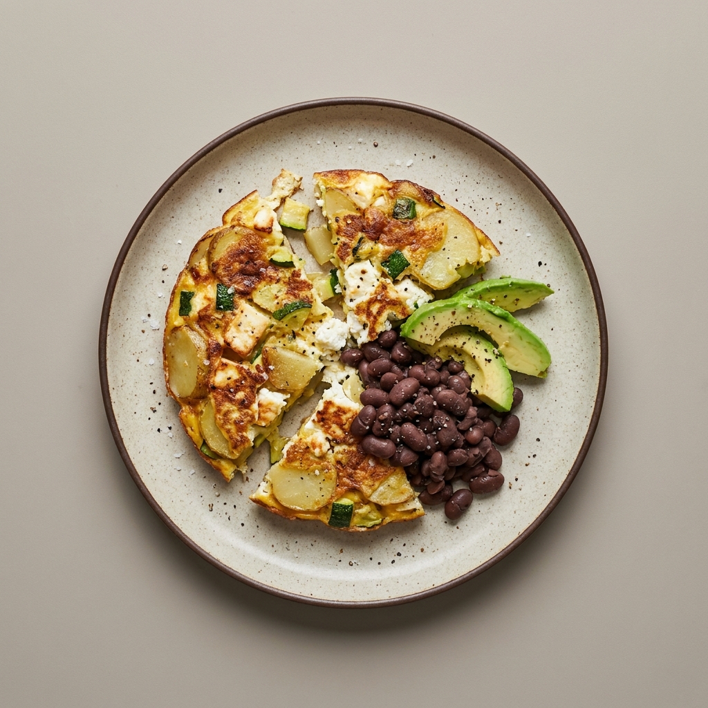 Tortilla española de panela y cottage con calabacita, frijol y aguacate