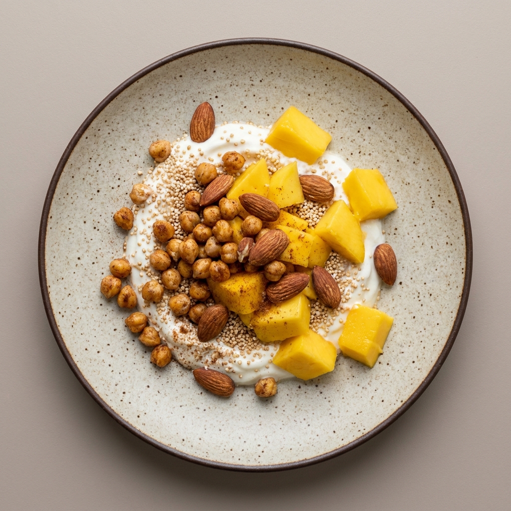 Bowl de yogurt con amaranto, mango, almendra y garbanzo tostado