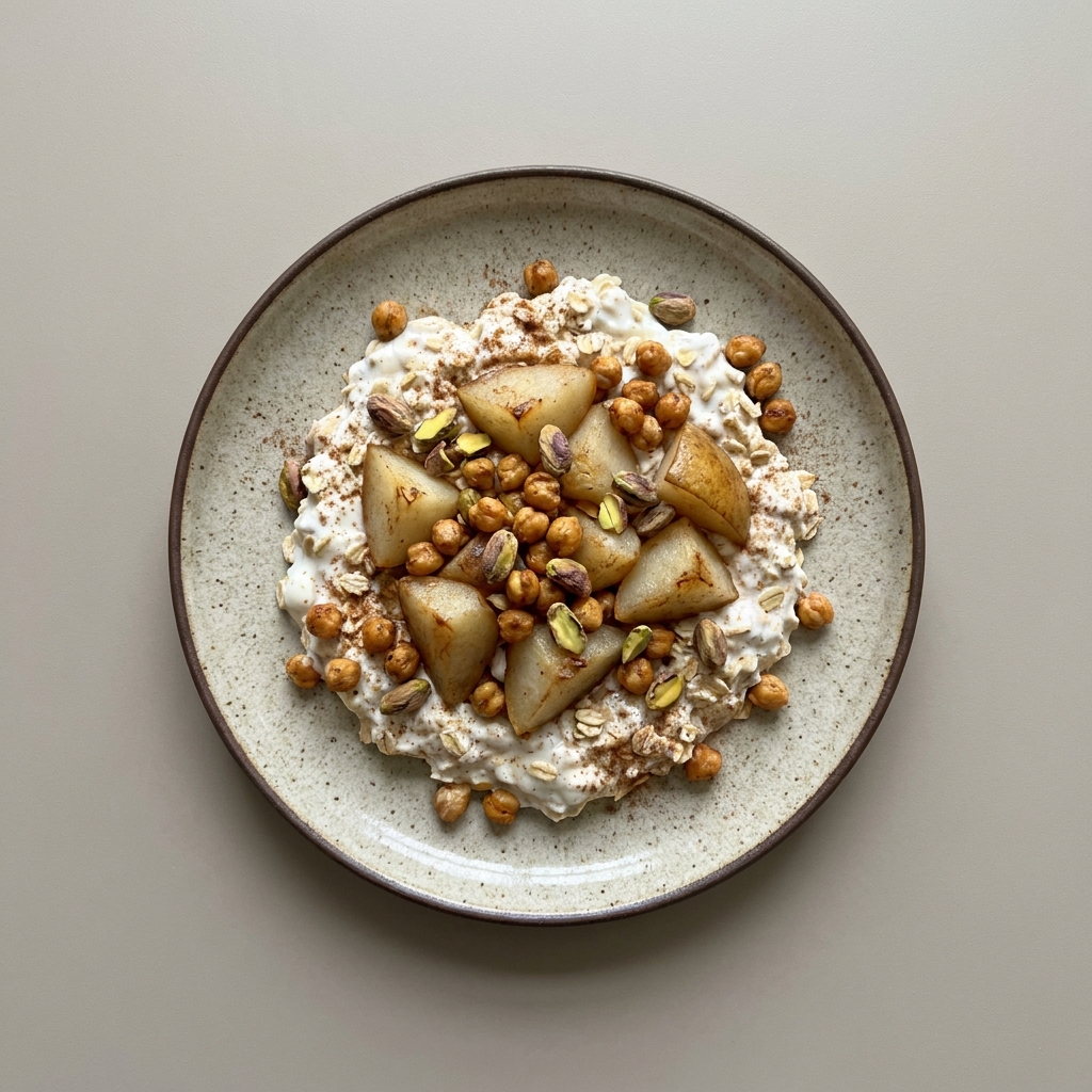 Bowl de yogurt con avena, pera cocida, pistache y garbanzo tostado