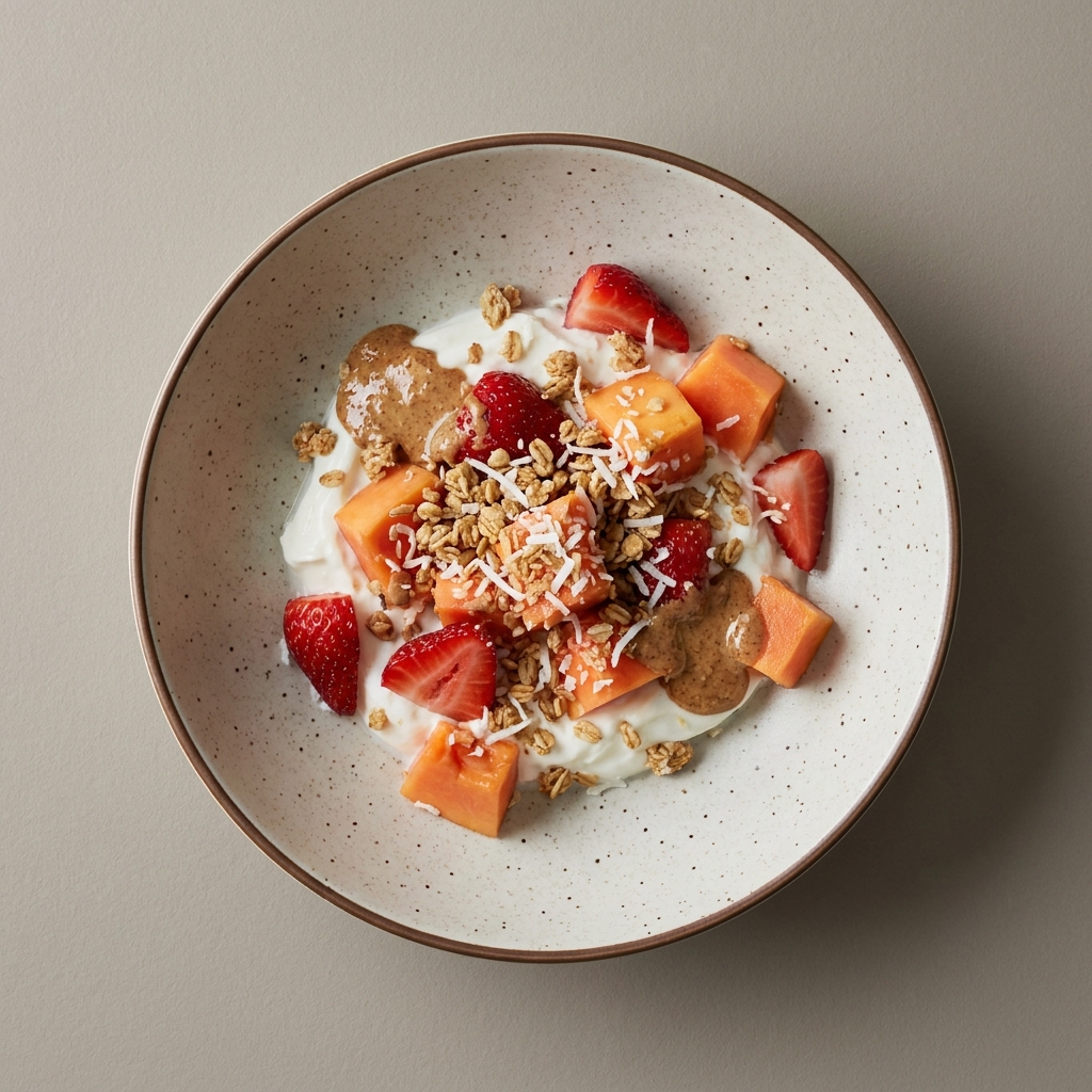 Bowl de yogurt con papaya y fresa