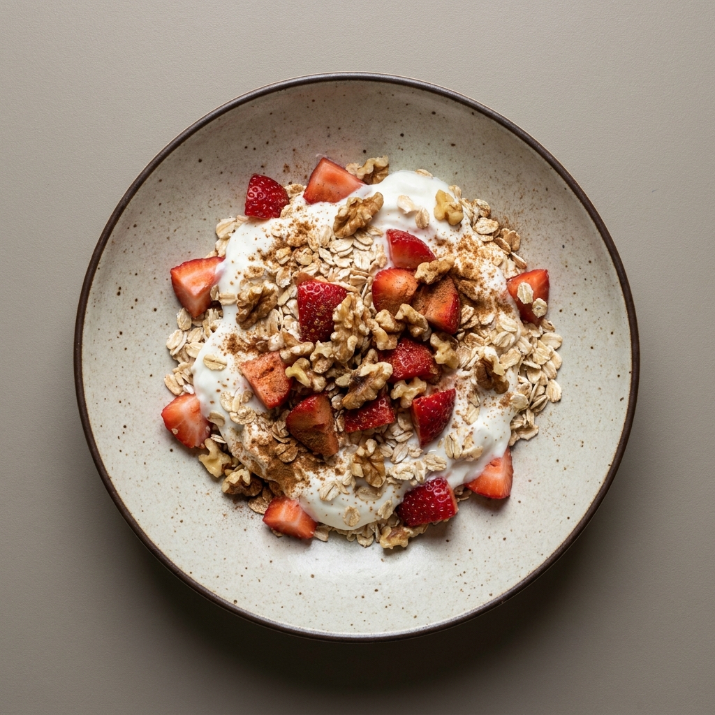 Bowl de yogurt con avena, fresa y nuez