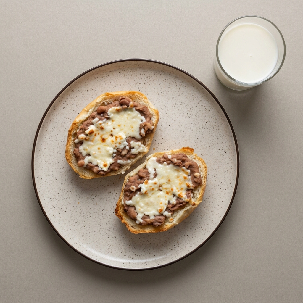 Molletes de frijol con queso cottage y leche