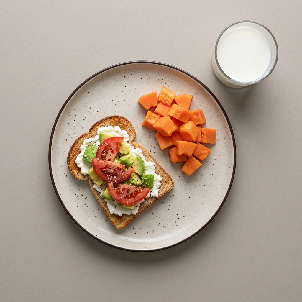 Pan integral con requesón, aguacate y jitomate, con papaya y vaso de leche