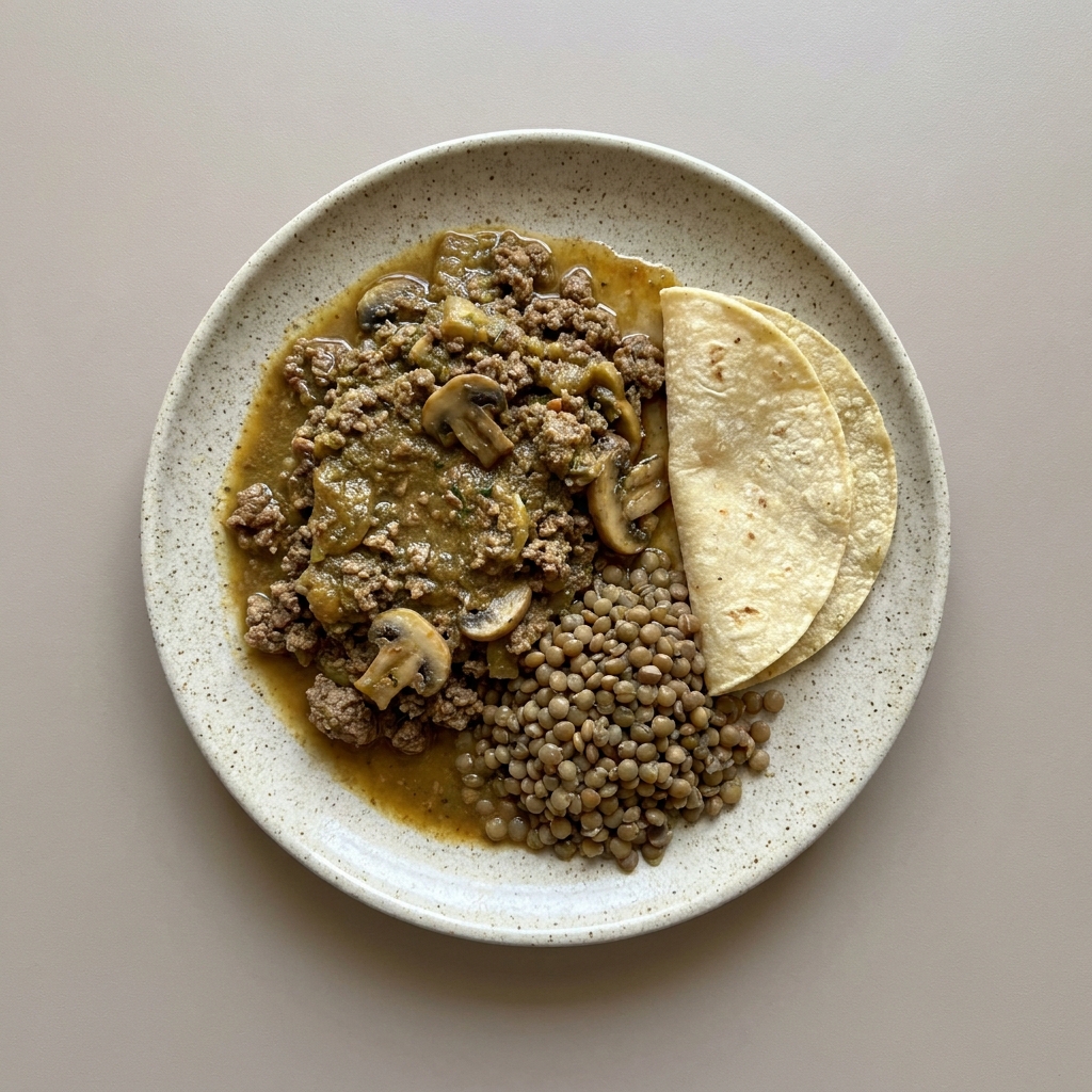 Res molida en pipián de pepita con champiñones, lentejas y tortilla