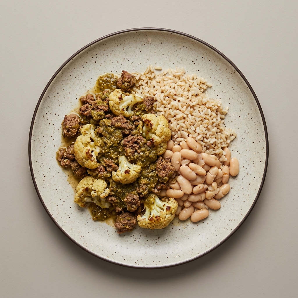 Res molida en pipián de pepita con coliflor, alubias y arroz integral