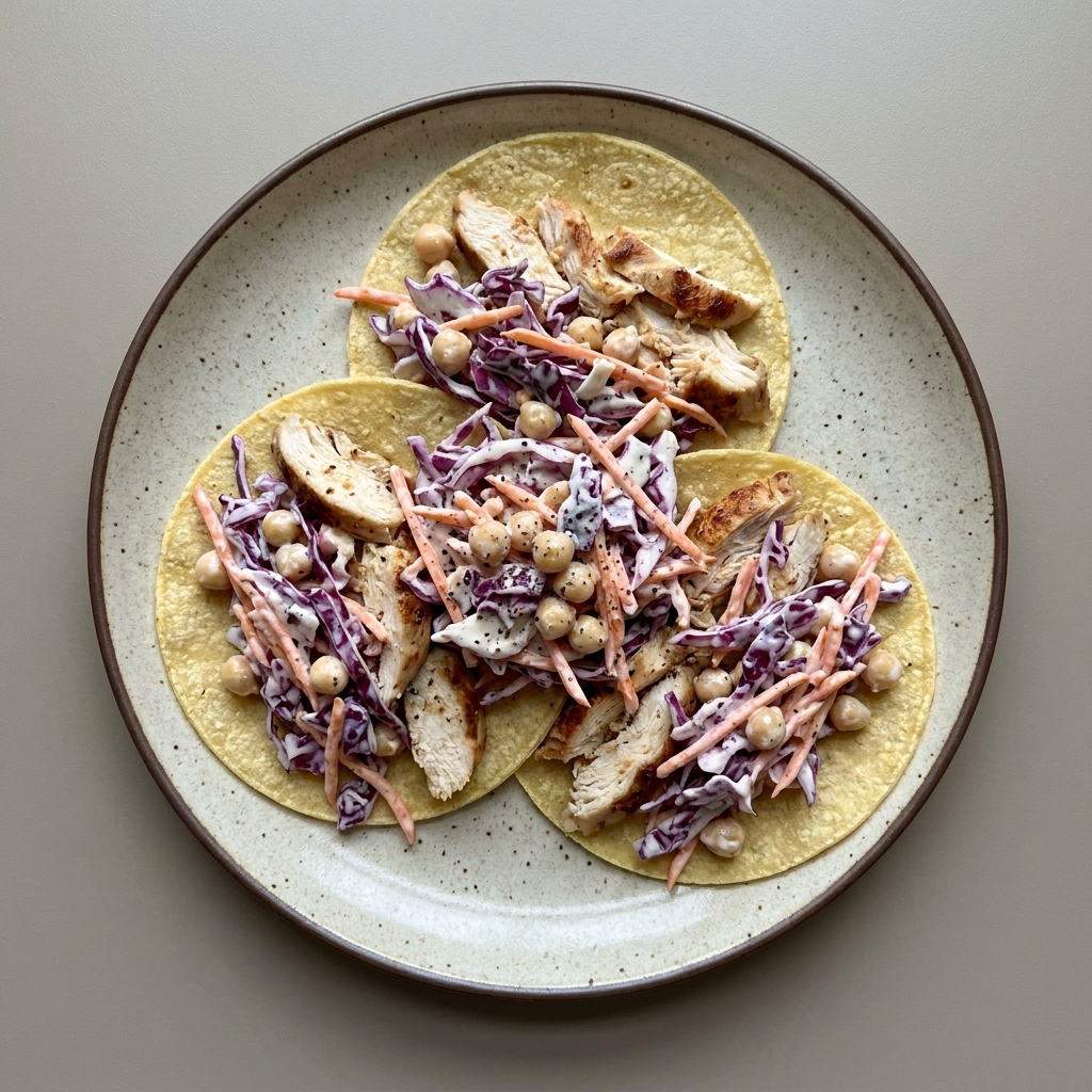 Tacos de pollo con ensalada de col y garbanzos