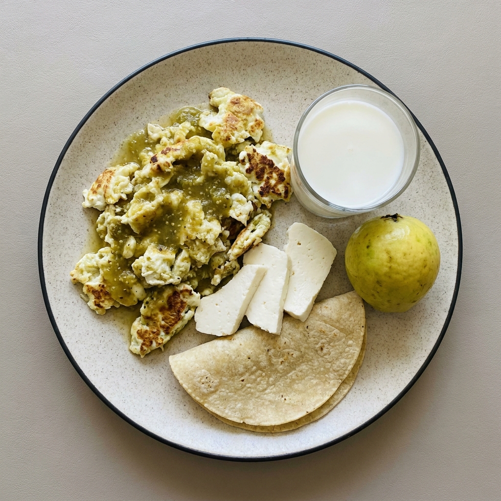 Claras en salsa de tomate verde con queso panela y tortilla, con guayaba y vaso de leche