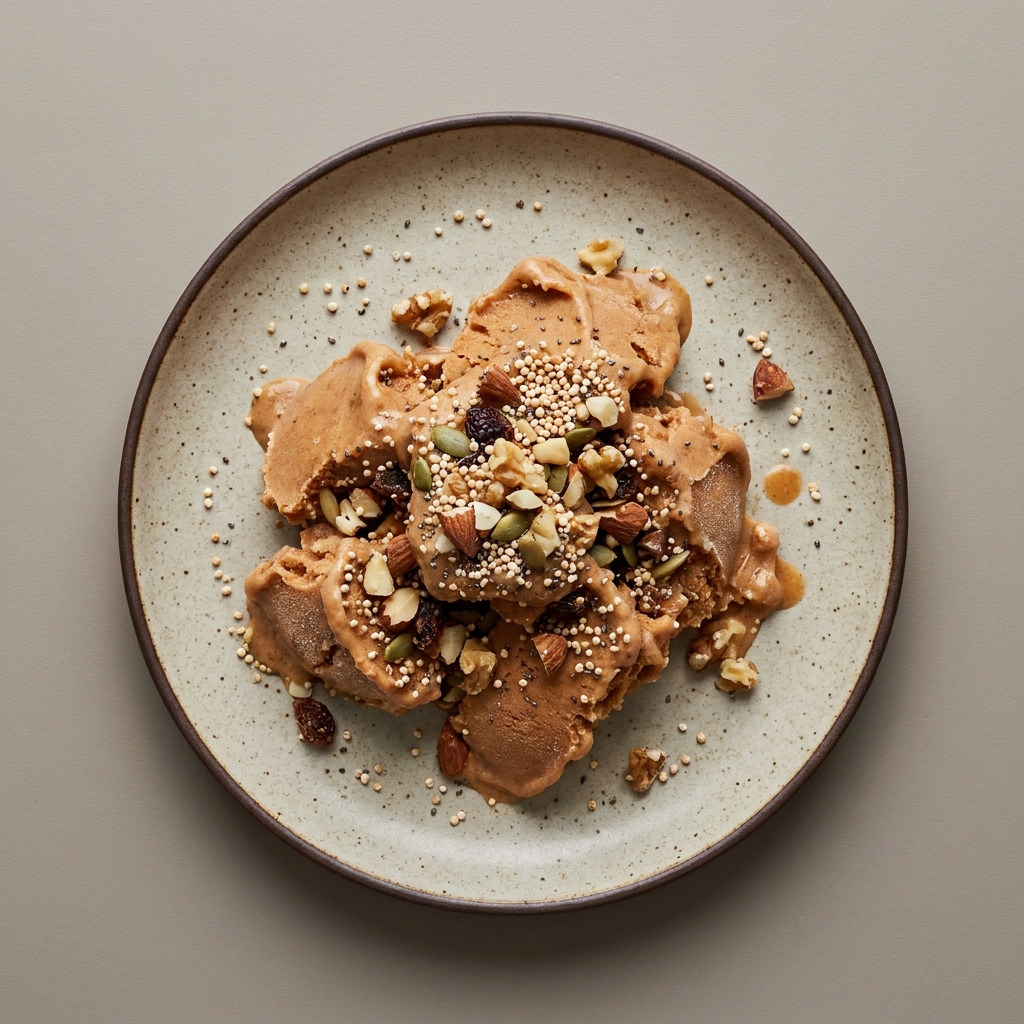Nieve de Mamey con yogurt griego endulzada con dátil topping de frutos secos