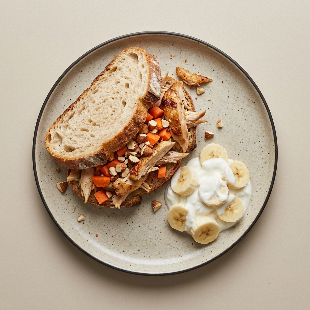 Sandwich de pierna de pollo con verduras, acompañado de yogurt con fruta.