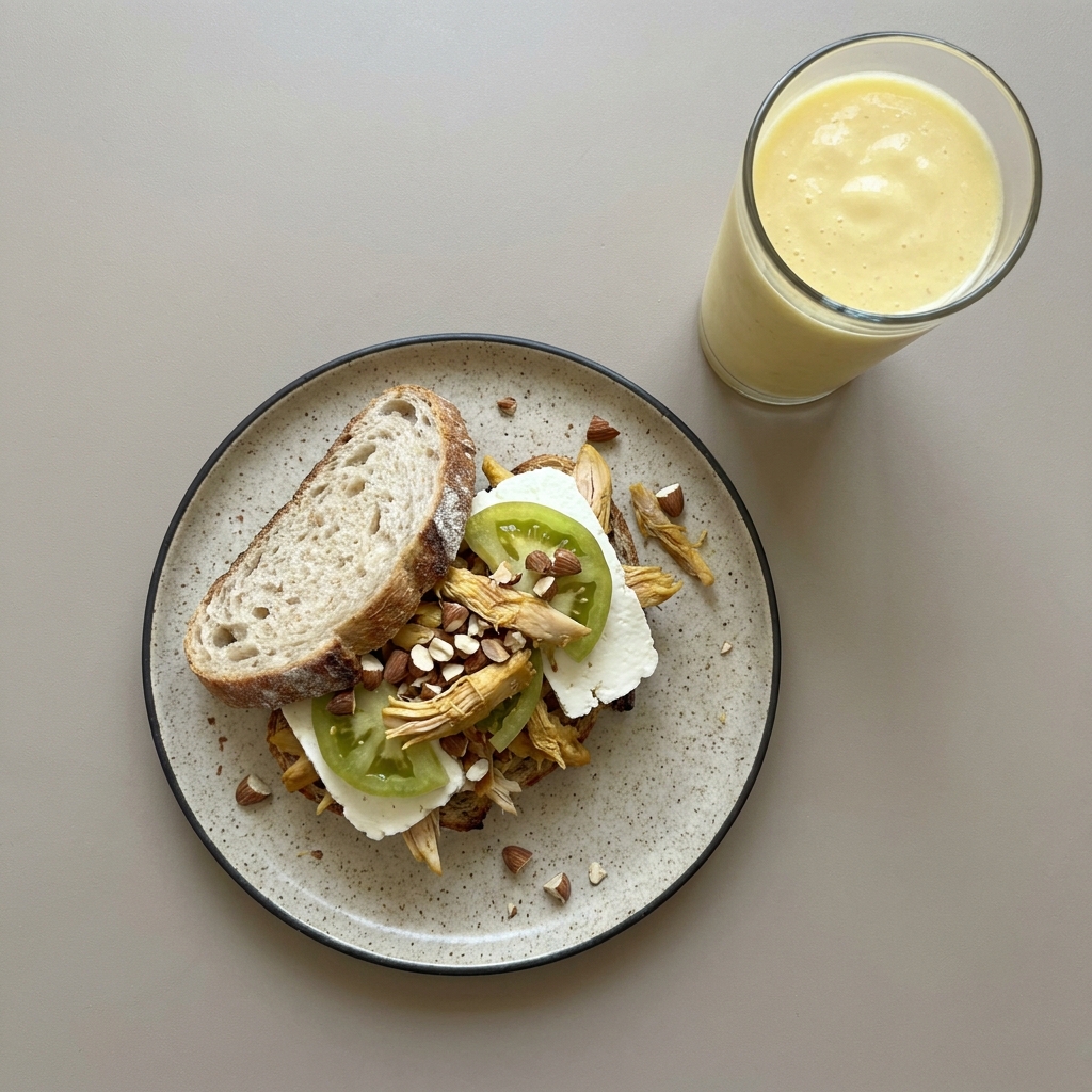 Sandwich de pierna de pollo y panela,  acompañado de licuado de fruta.