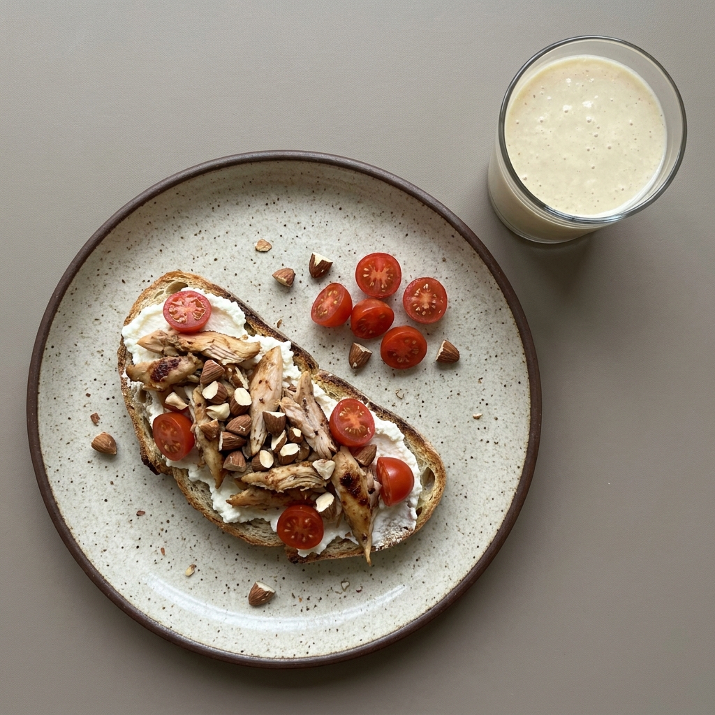 Toast de pollo y requesón, acompañado de licuado.