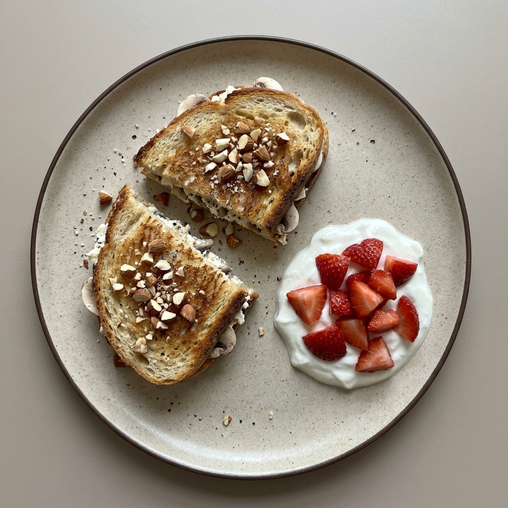 Sandwich de requesón con champiñón, acompañado de yogurt con fruta.