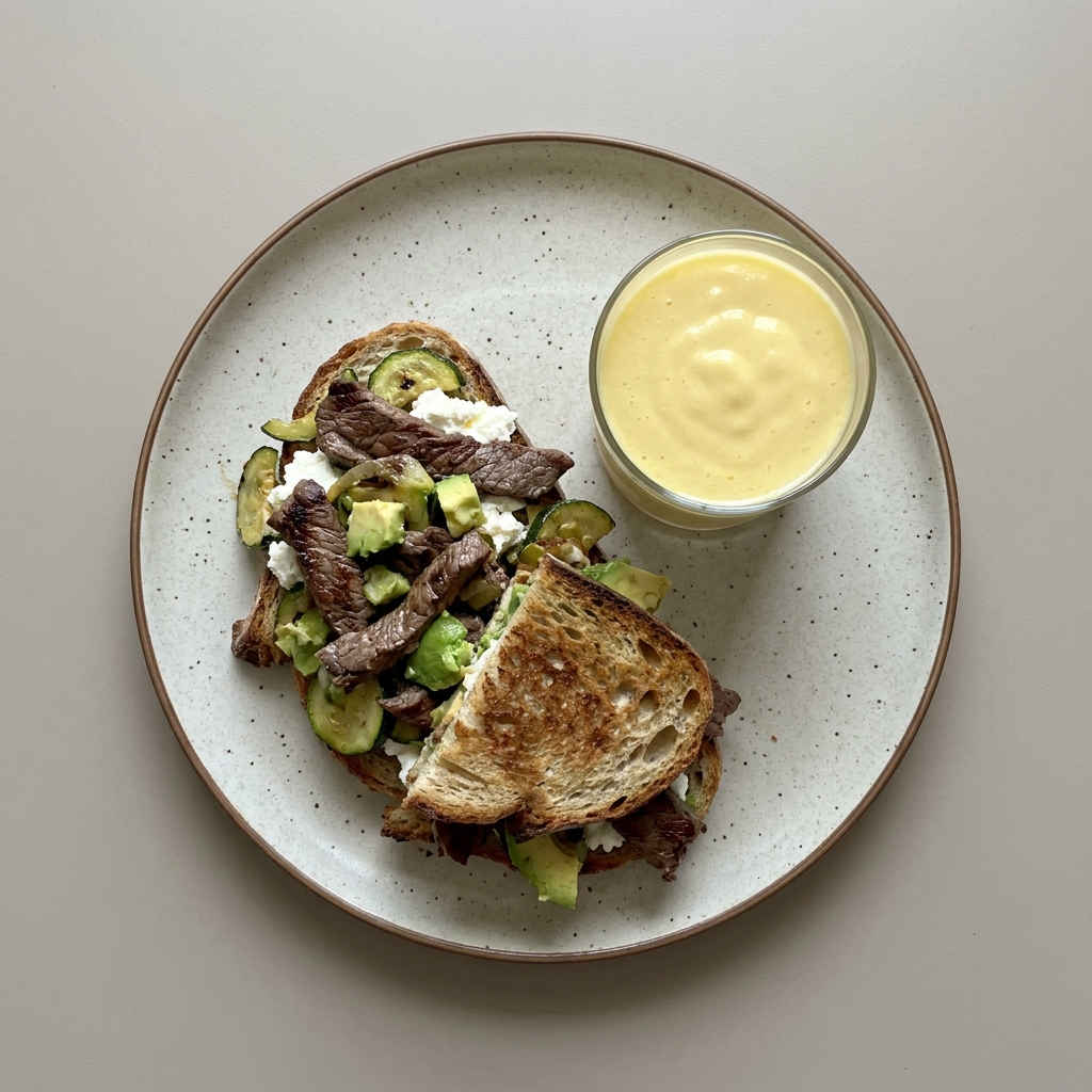 Sandwich de arrachera con requesón, acompañado con licuado.