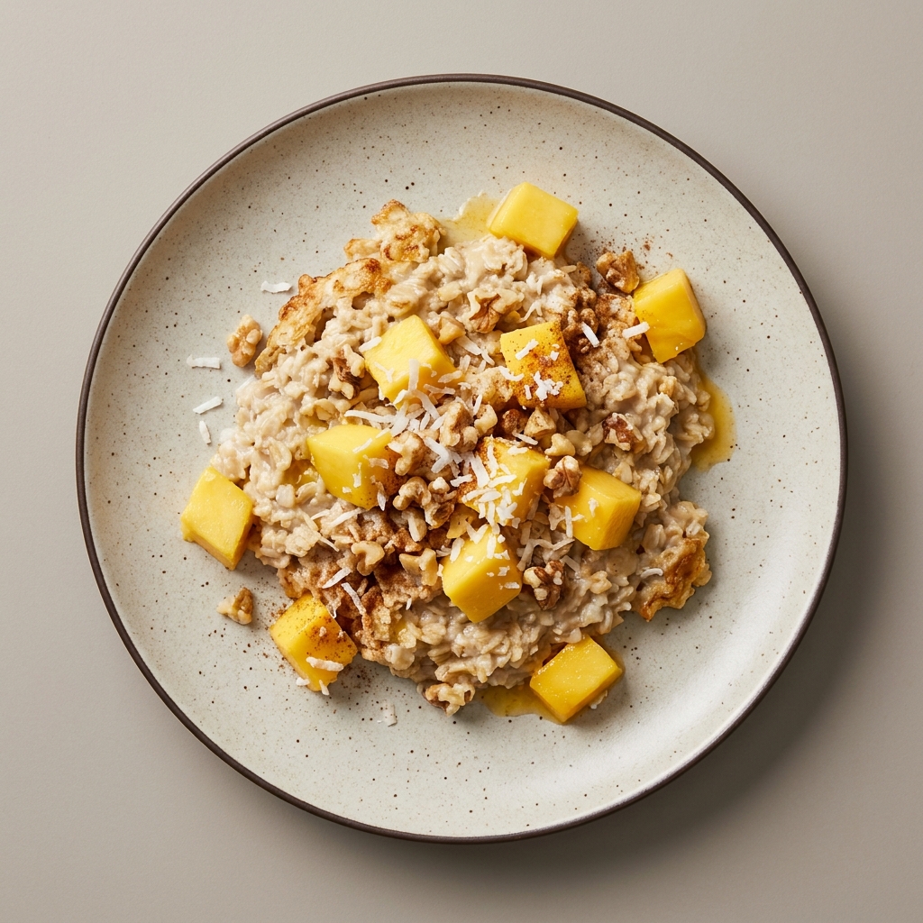 Avena cocida con topping de mango-coco