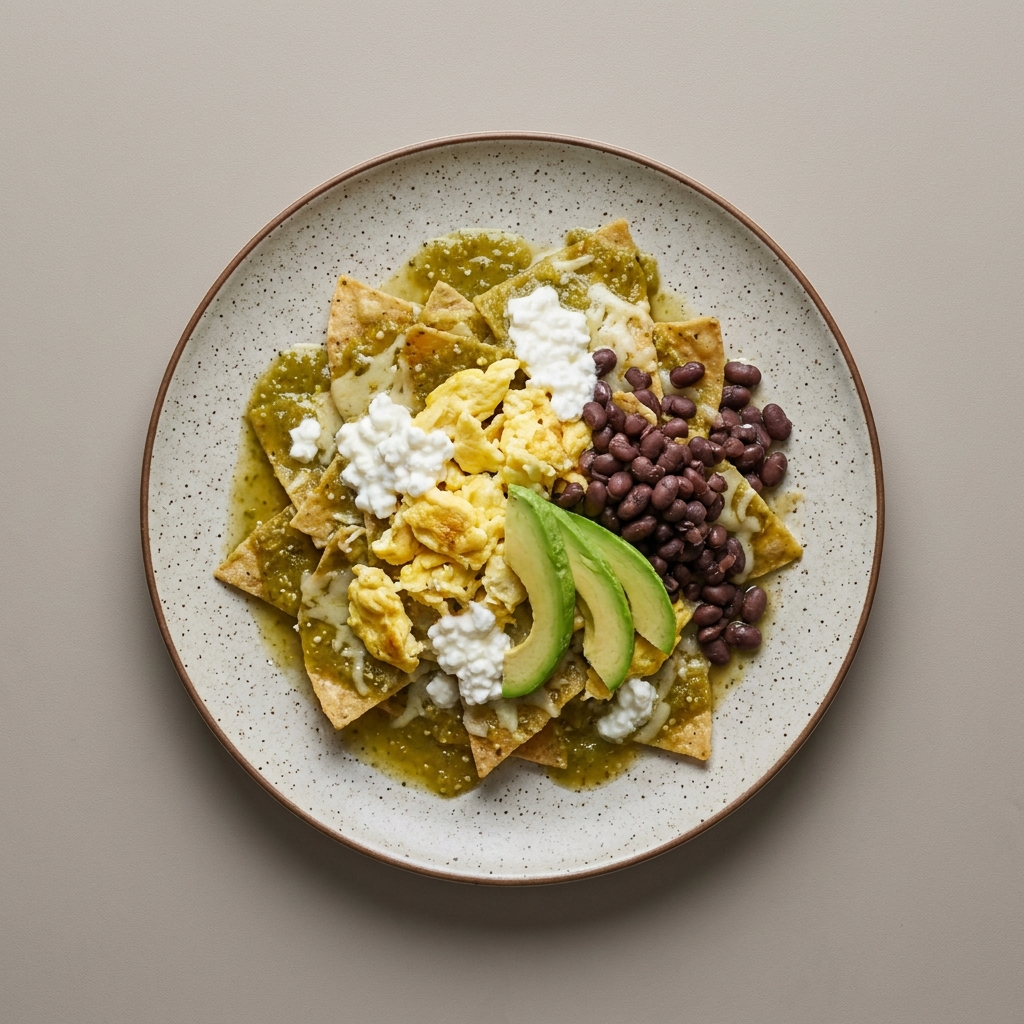 Chilaquiles verdes con huevo, queso oaxaca y cottage, con frijol y aguacate