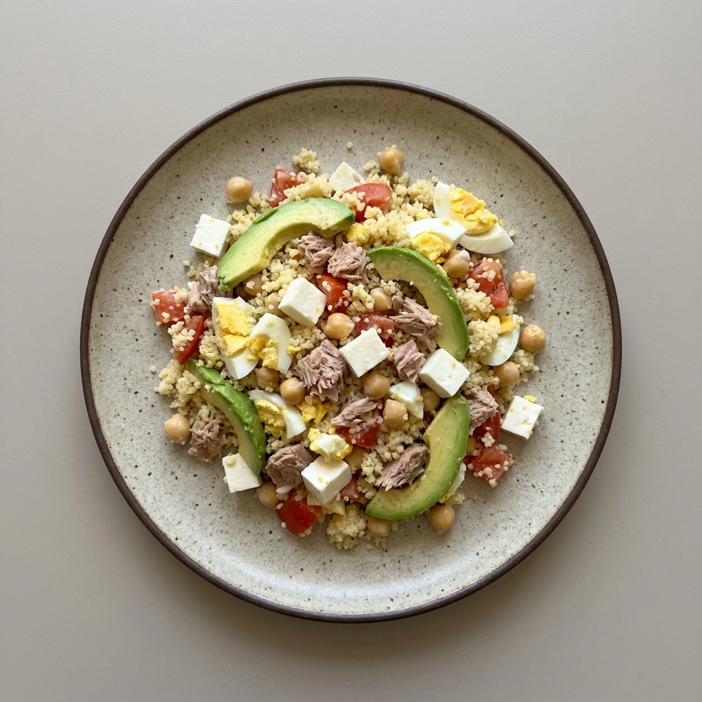 Couscous con panela, huevo y atún, con jitomate, garbanzo y aguacate