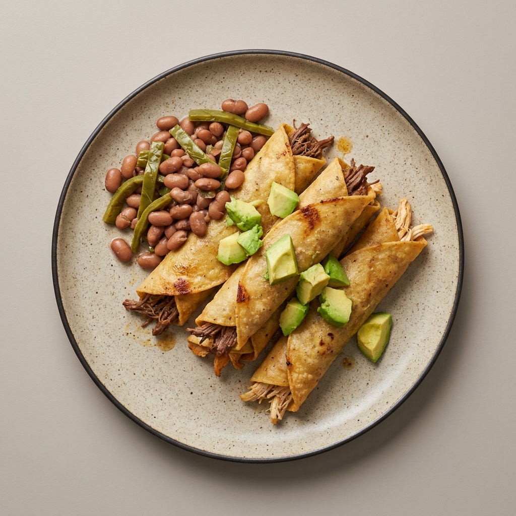 Flautas doradas mixtas con nopal, frijol y aguacate