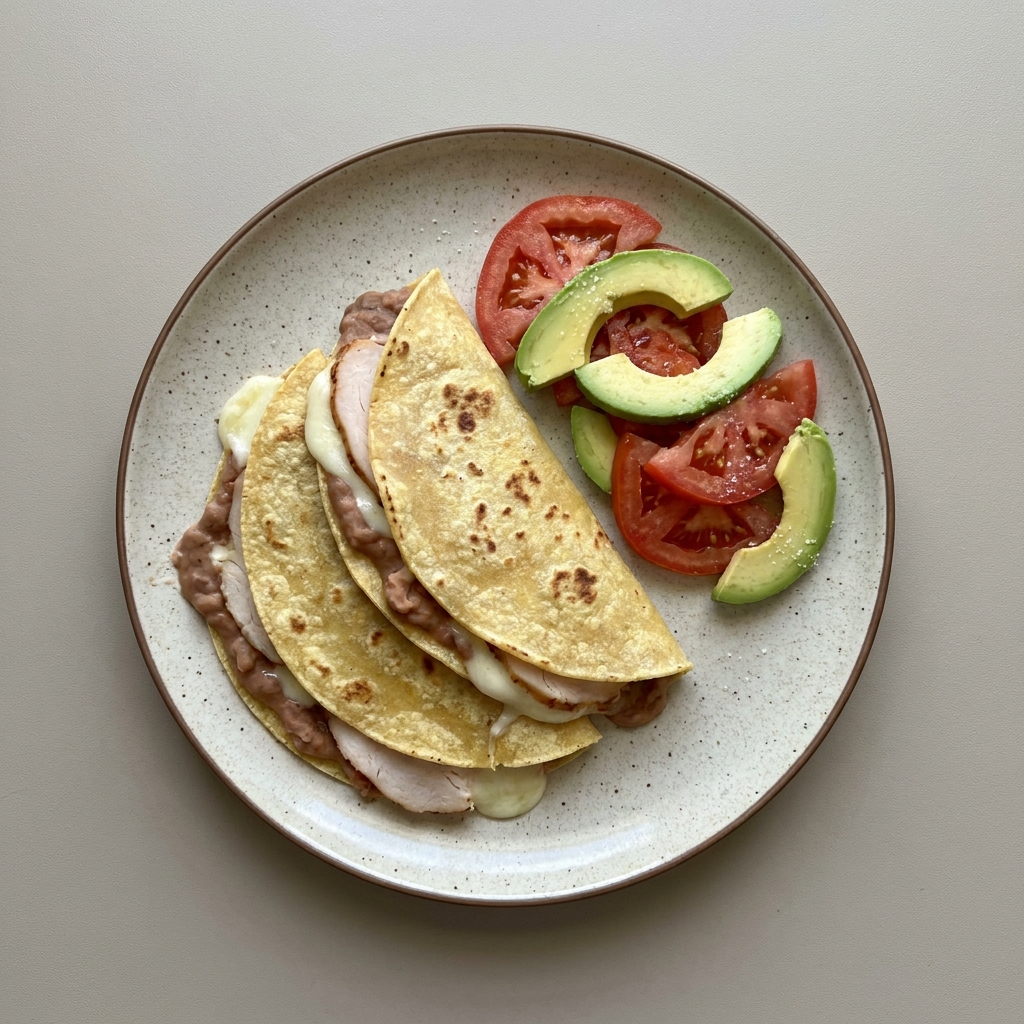 Quesadillas de frijoles y pechuga de pavo con jitomate y aguacate