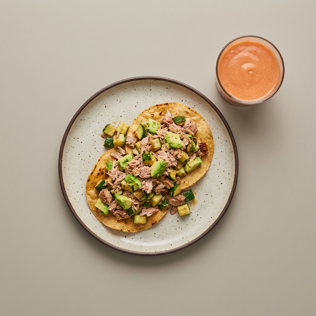Tostadas de atún con calabacita acompañado de licuado de mamey