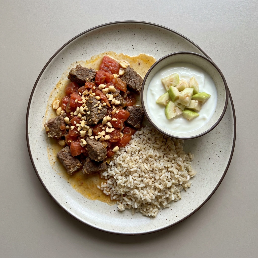 Carne con jitomate y cacahuate, con arroz integral acompañado de yogurt natural con guayaba picada