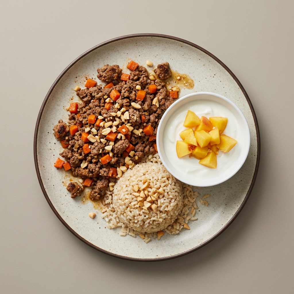 Picadillo de res con arroz integral, acompañado de yogurt y durazno