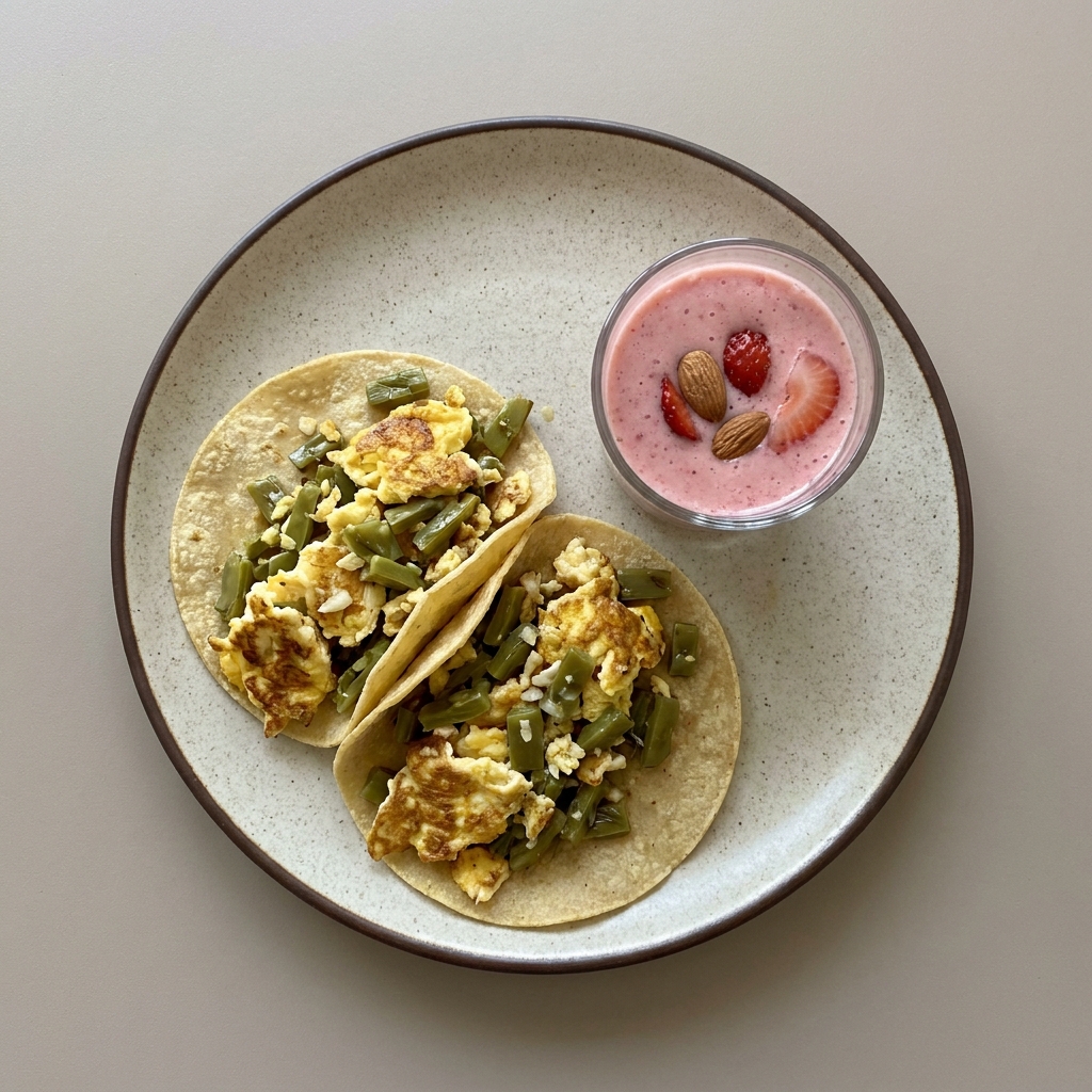 Tacos de huevo con nopal y licuado