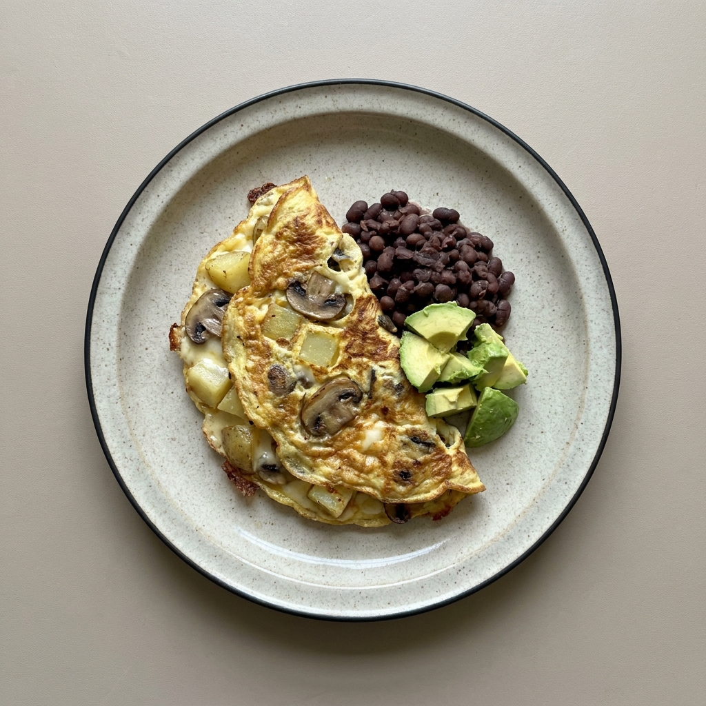 Tortilla española de champiñones con queso, frijoles y aguacate
