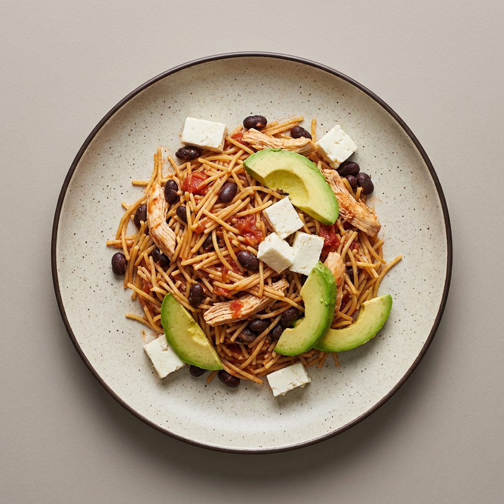 Sopa seca de fideo con pollo y panela, con frijol y aguacate