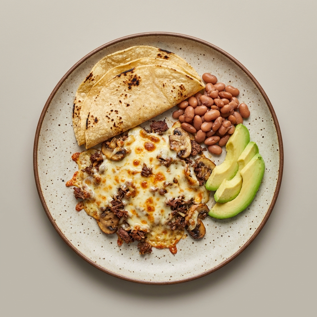 Queso fundido con machaca, champiñones y tortilla