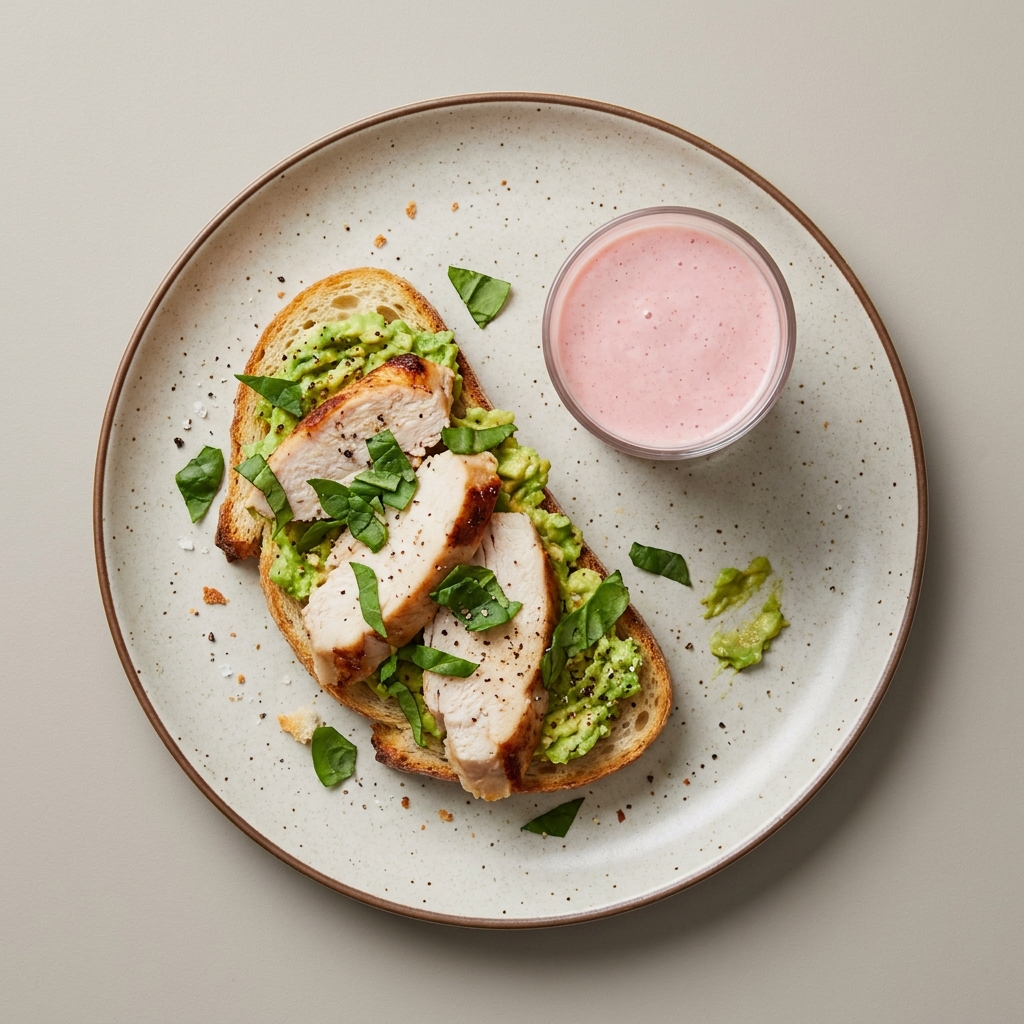 Sandwich de pechuga de pavo horneada y aguacate, acompañado de licuado de fruta.