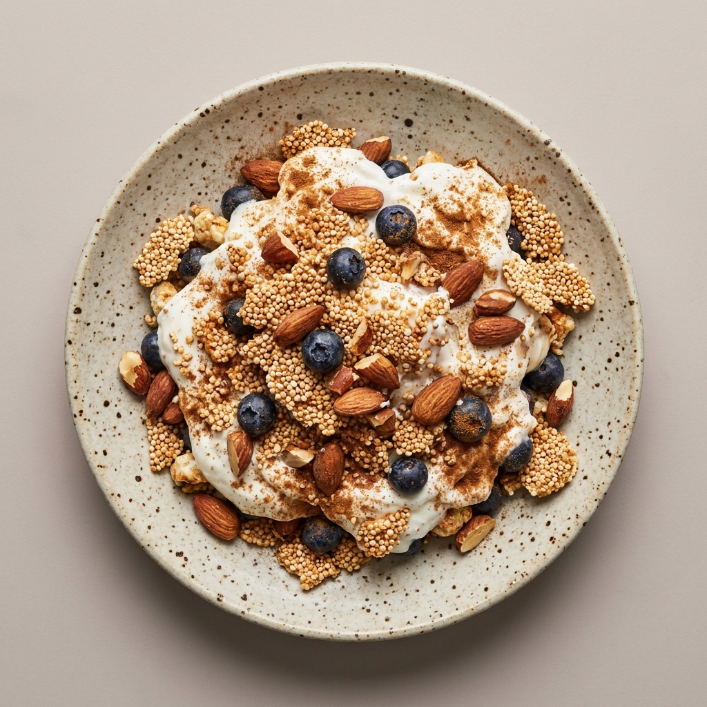 Yogurt con amaranto, arándano, y almendra