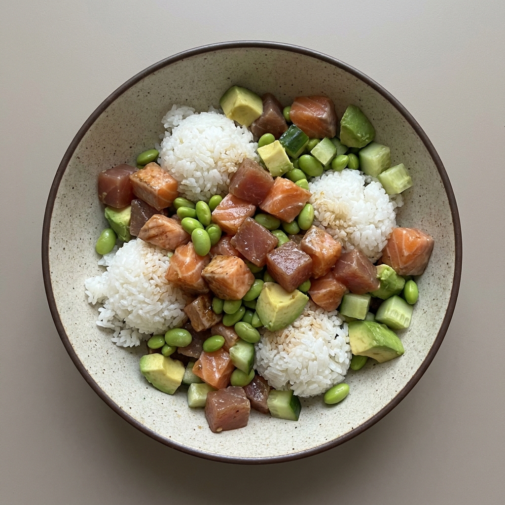 Bowl poke de salmón y atún con pepino, edamame y aguacate, con arroz